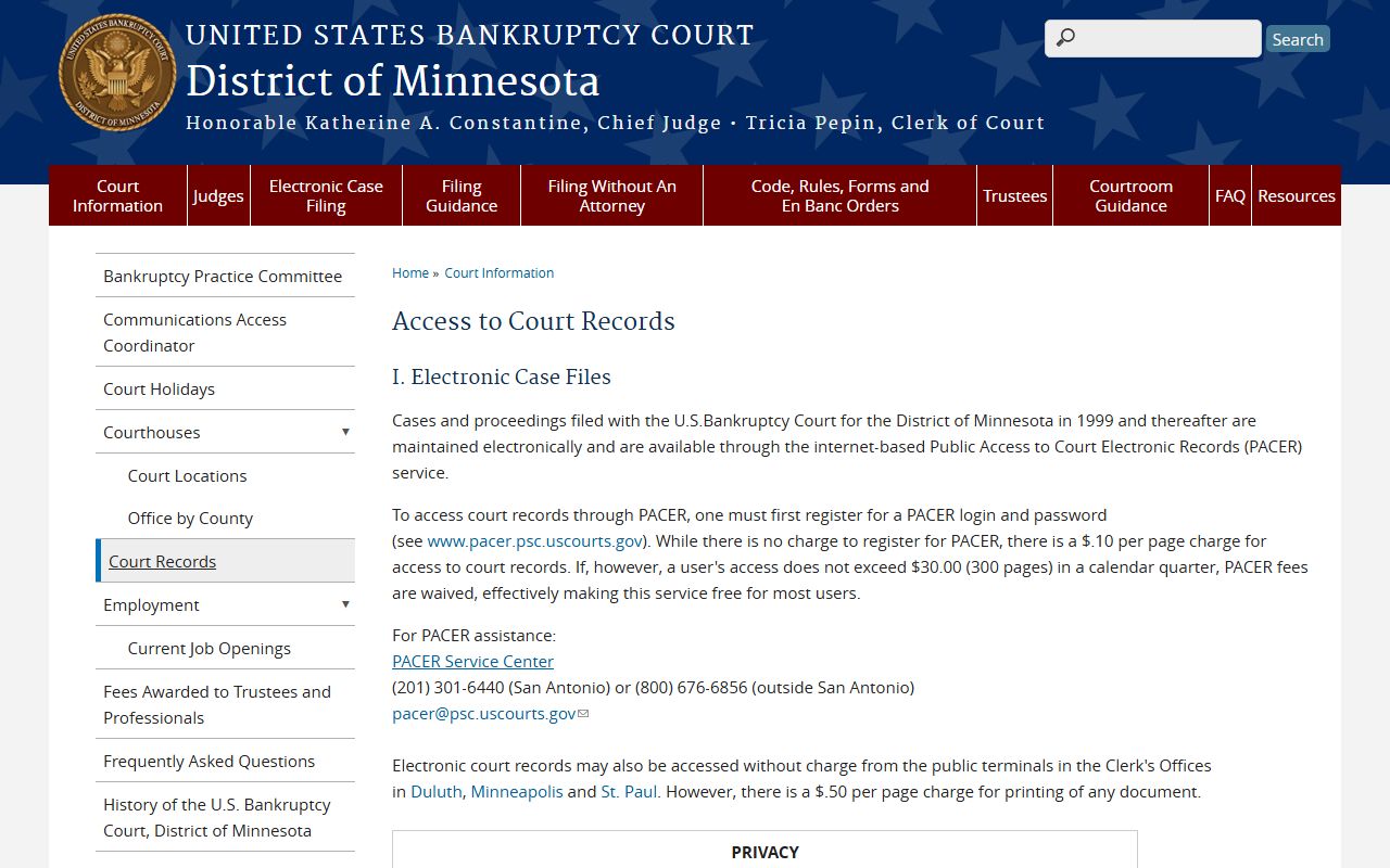 Access to court records page for Minnesota bankruptcy records
