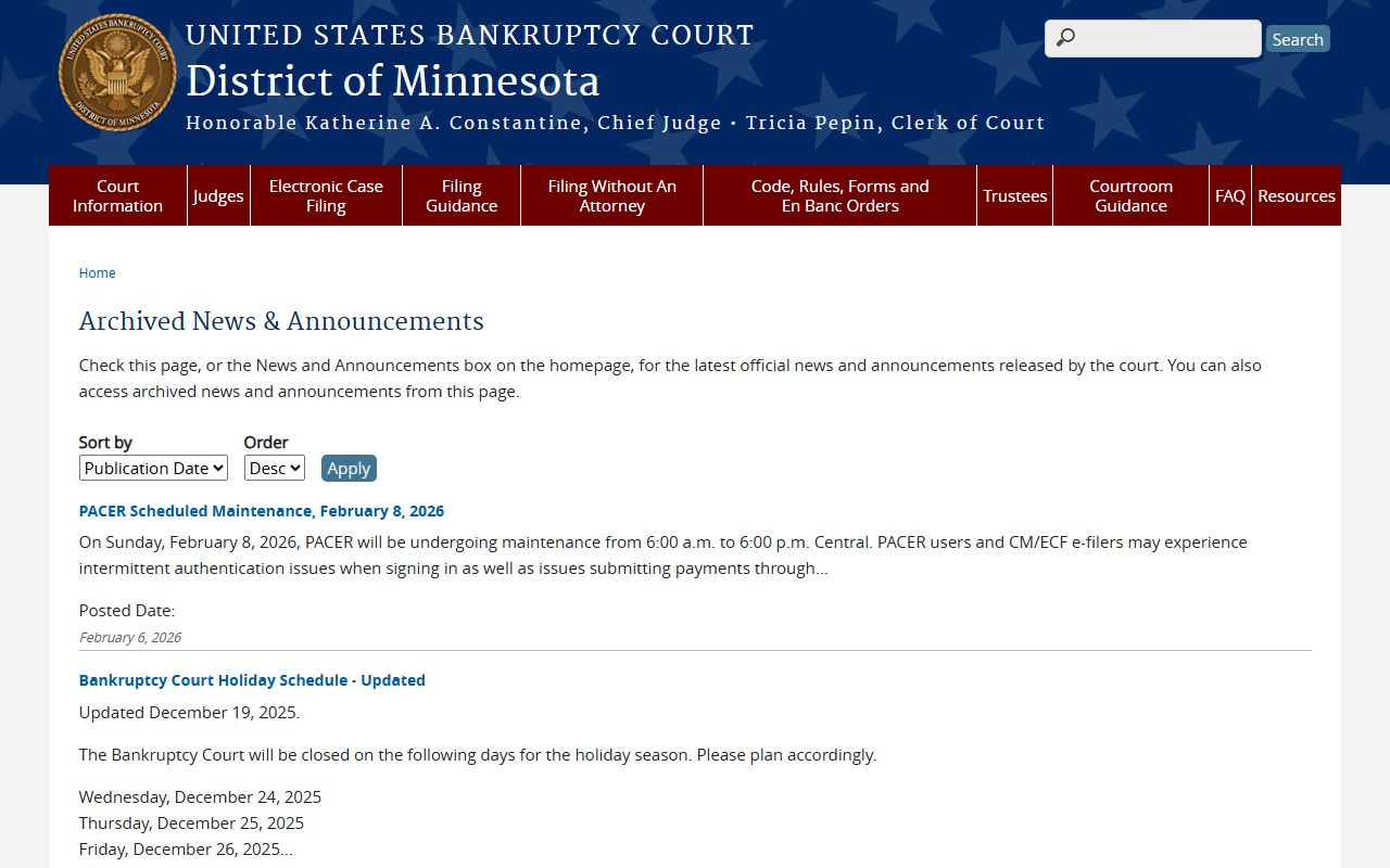 Archived news and announcements for Minnesota bankruptcy court records