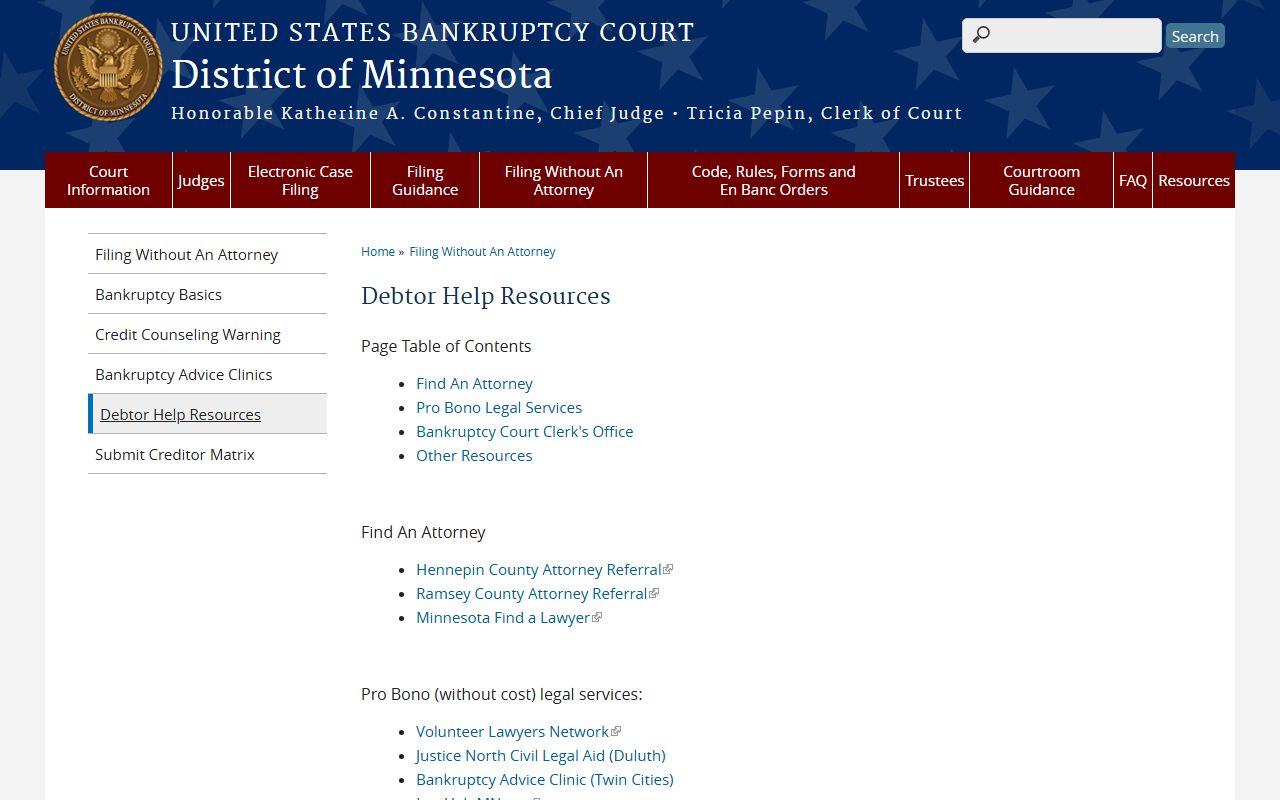 Debtor help resources page for Minnesota bankruptcy court