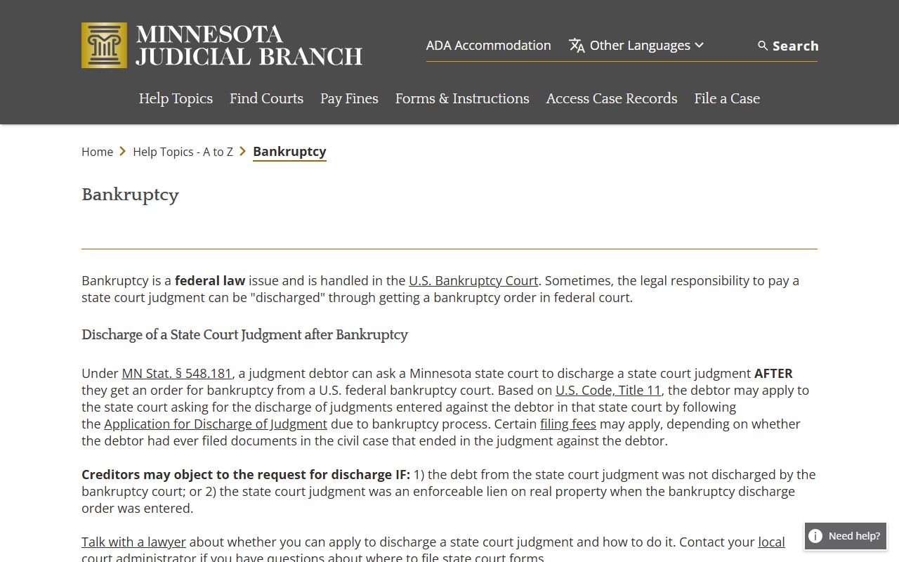 Minnesota Judicial Branch bankruptcy help page for Minnesota bankruptcy records