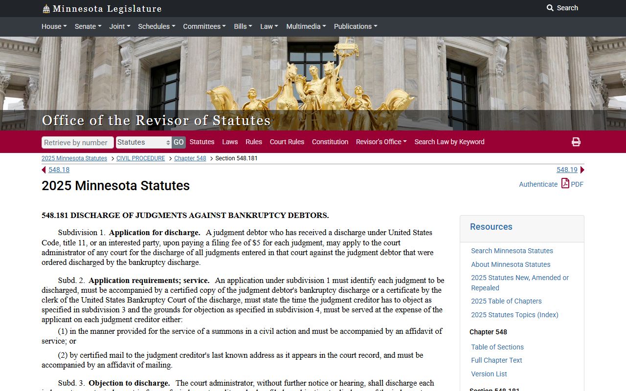 Minnesota Statute 548.181 judgment discharge page for bankruptcy records