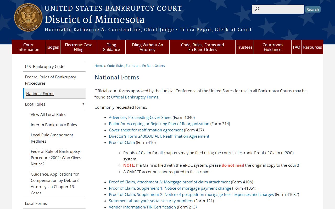 National bankruptcy forms page for Minnesota federal court records