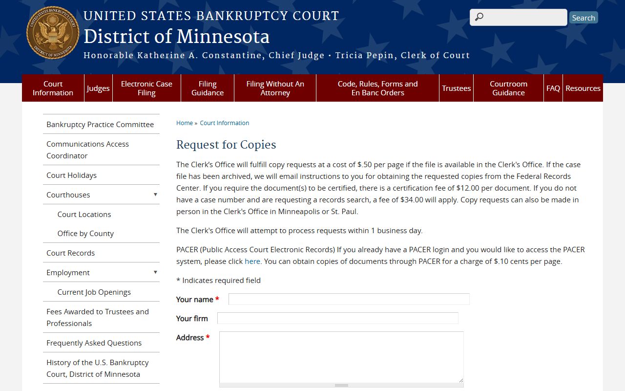 Request for copies page for Minnesota bankruptcy records